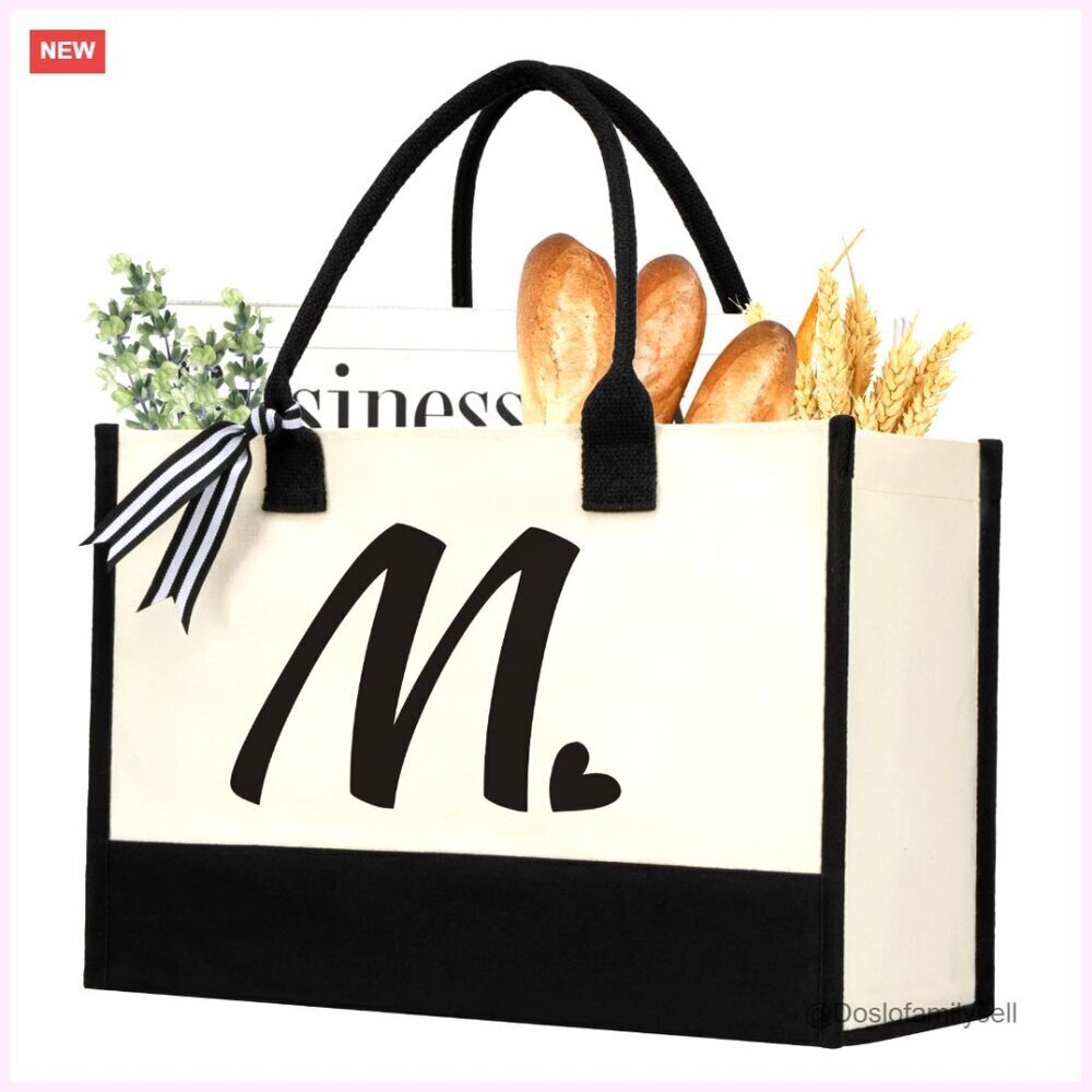 Personalized Initial Canvas Tote Bag with Strap Large Capacity